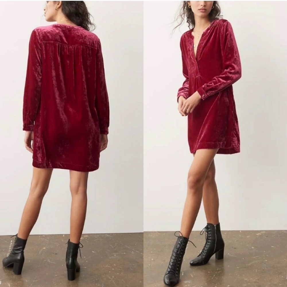 Anthro Crushed Velvet Raspberry Long Sleeve Tunic Mini Dress Cocktail Party XS